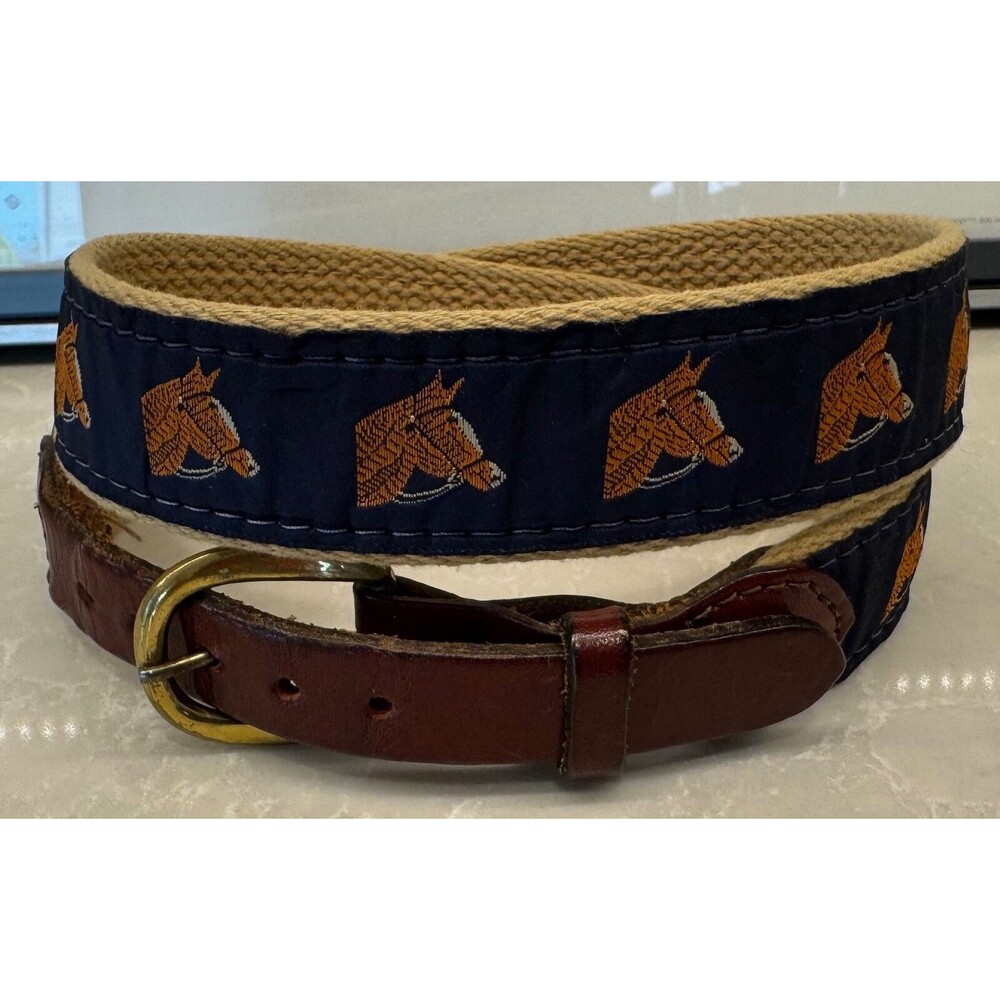 Bridled Horse Equine Canvas Leather Belt - Size 28 - Navy